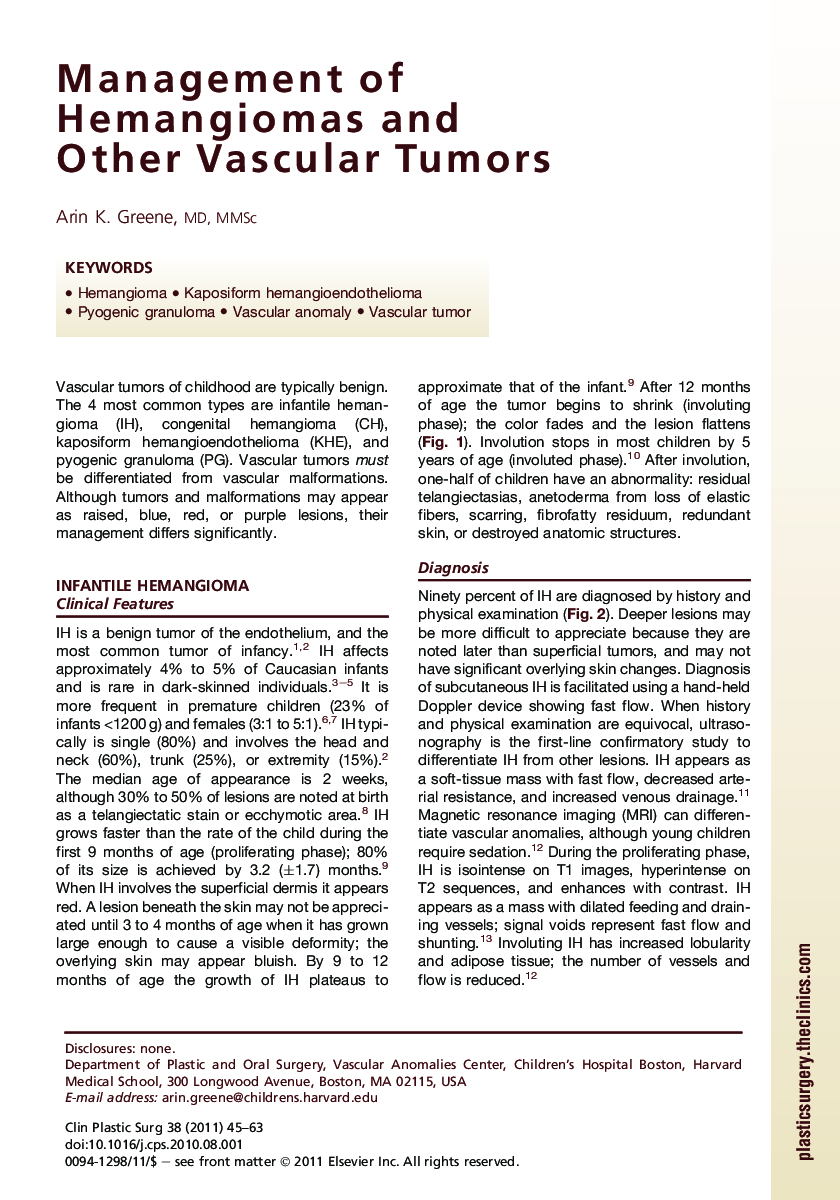 Management of Hemangiomas and Other Vascular Tumors