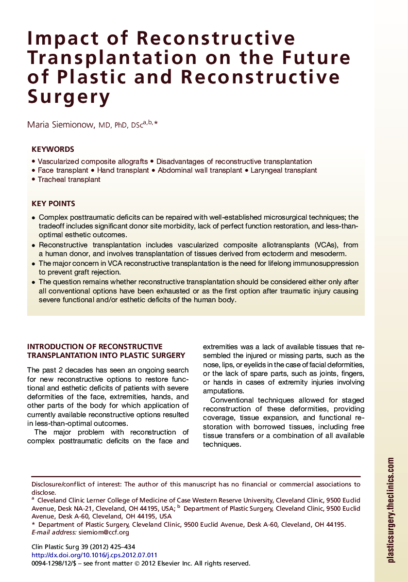 Impact of Reconstructive Transplantation on the Future of Plastic and Reconstructive Surgery