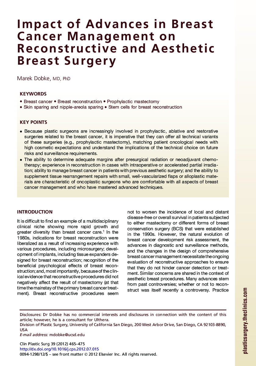 Impact of Advances in Breast Cancer Management on Reconstructive and Aesthetic Breast Surgery