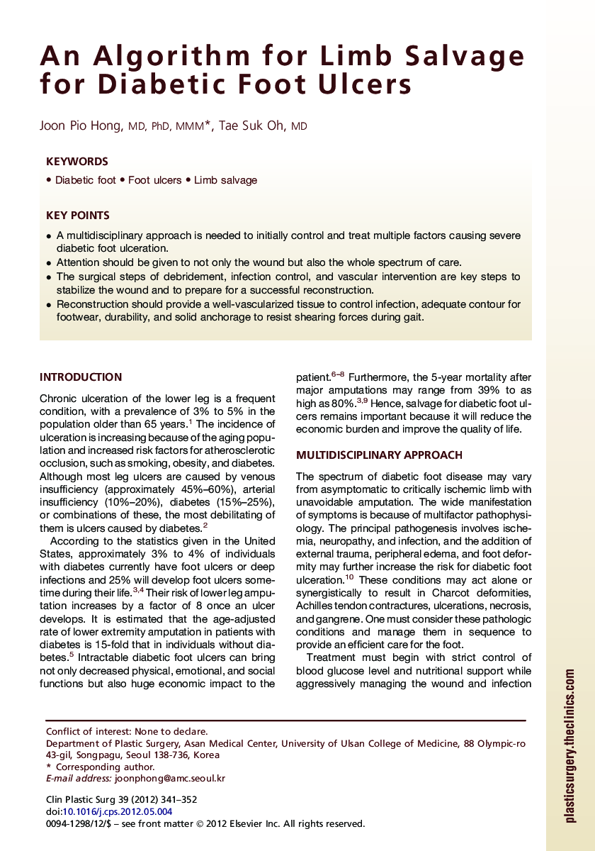 An Algorithm for Limb Salvage for Diabetic Foot Ulcers