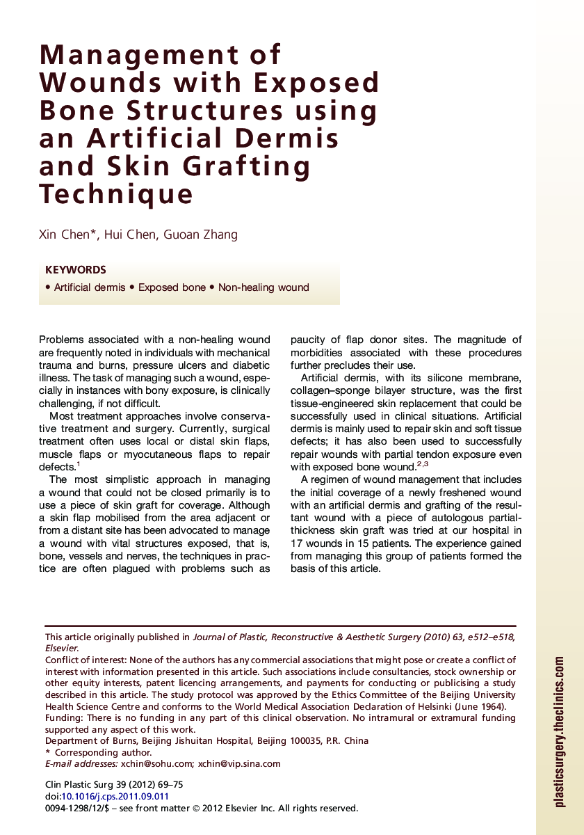 Management of Wounds with Exposed Bone Structures using an Artificial Dermis and Skin Grafting Technique