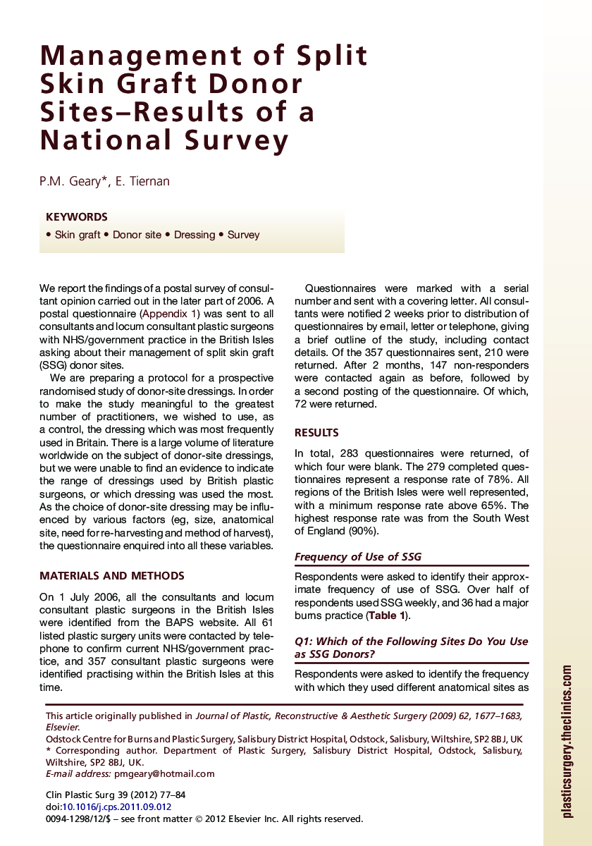 Management of Split Skin Graft Donor Sites-Results ofÂ a National Survey