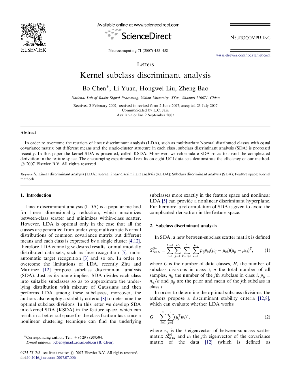 Kernel subclass discriminant analysis