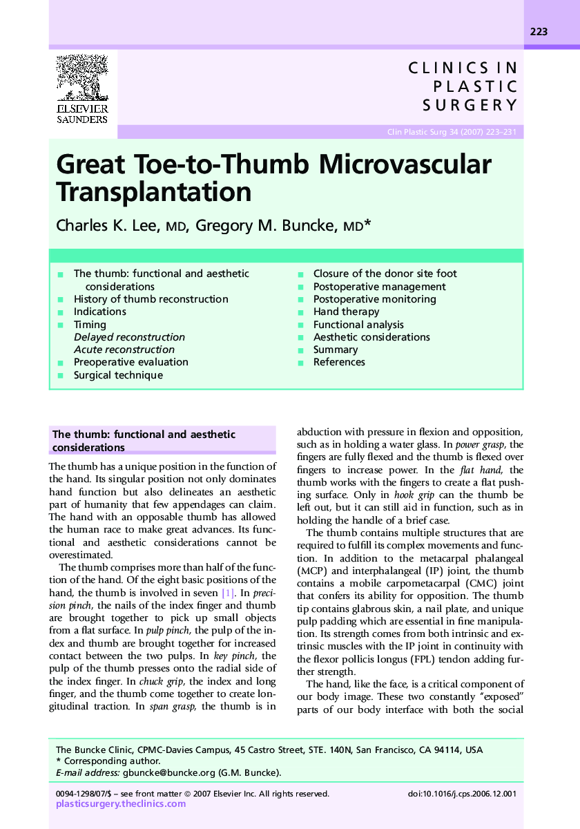 Great Toe-to-Thumb Microvascular Transplantation