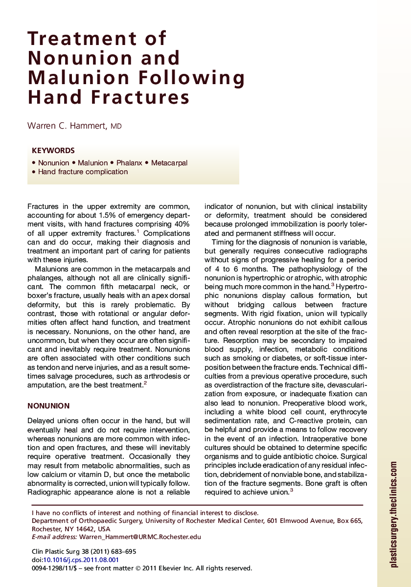 Treatment of Nonunion and Malunion Following Hand Fractures