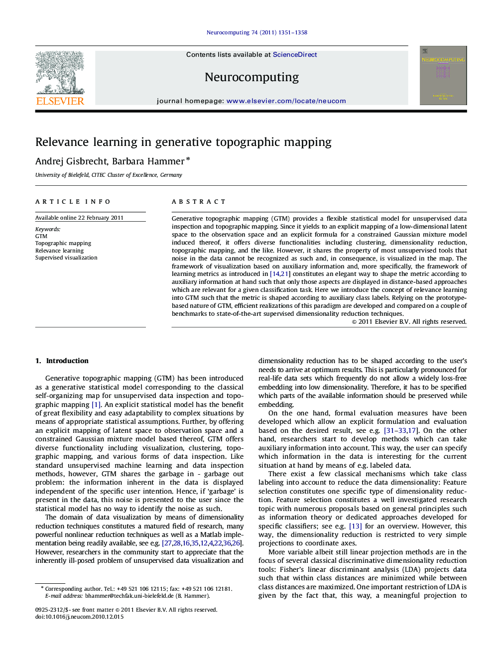 Relevance learning in generative topographic mapping