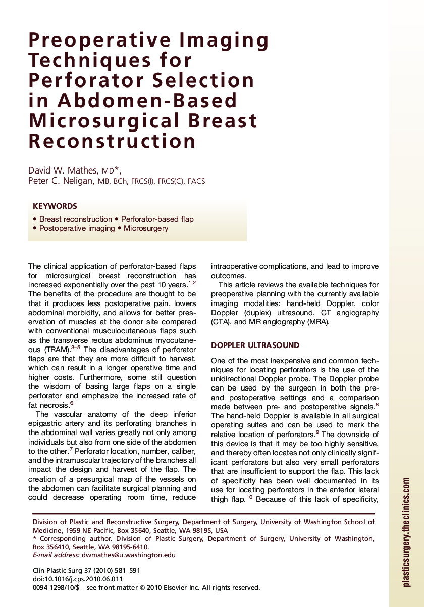 Preoperative Imaging Techniques for Perforator Selection in Abdomen-Based Microsurgical Breast Reconstruction