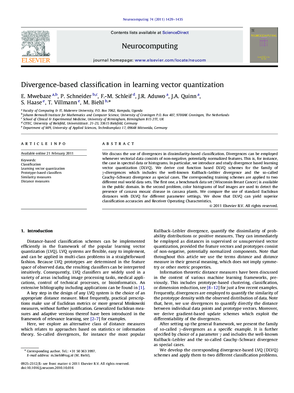 Divergence-based classification in learning vector quantization