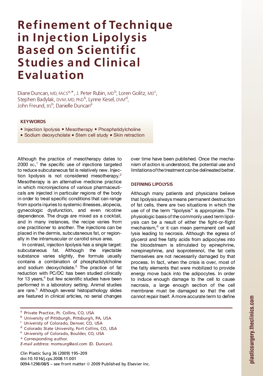 Refinement of Technique in Injection Lipolysis Based on Scientific Studies and Clinical Evaluation