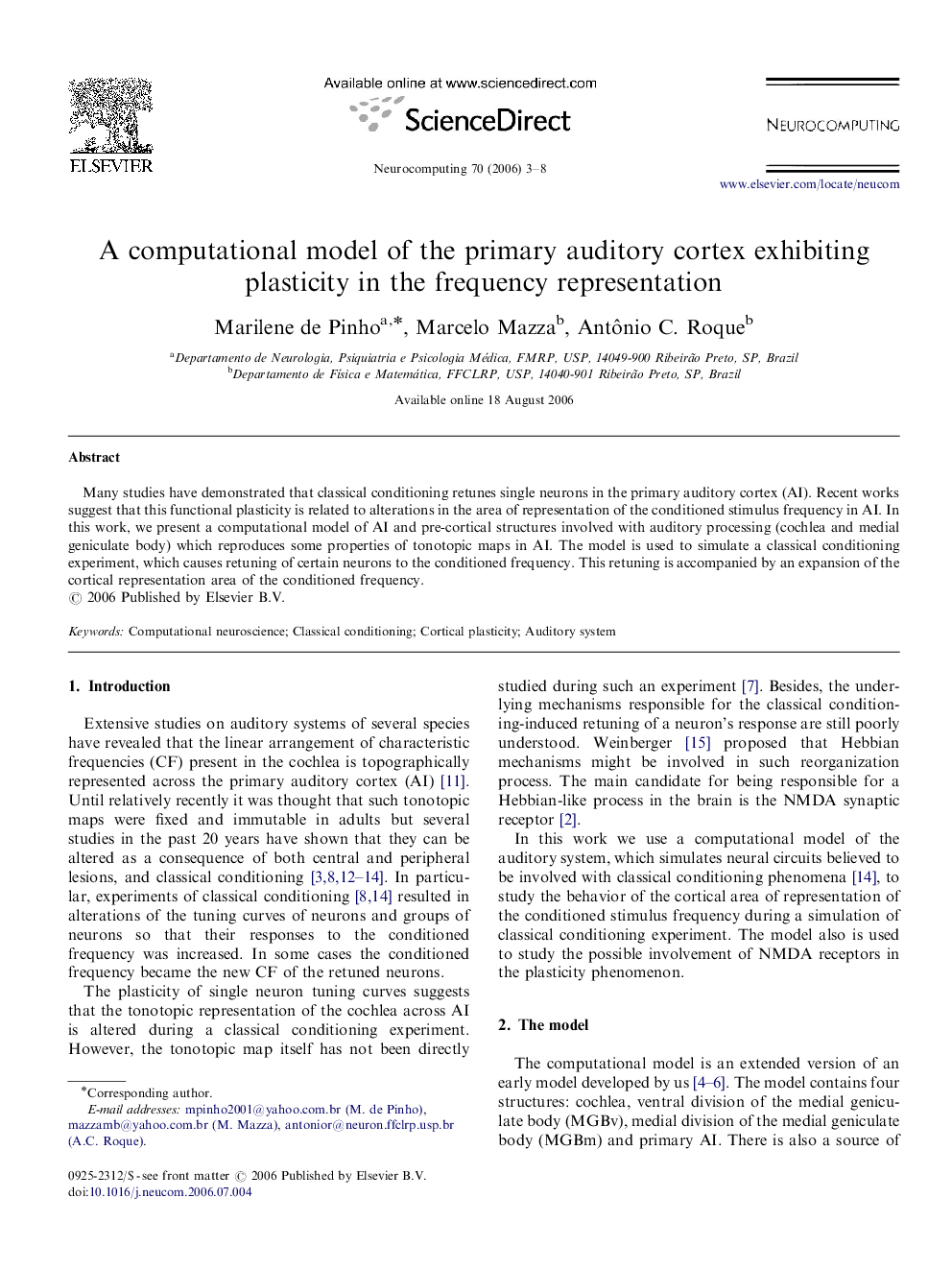 A computational model of the primary auditory cortex exhibiting plasticity in the frequency representation