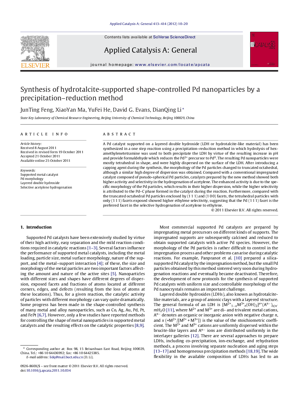 Synthesis of hydrotalcite-supported shape-controlled Pd nanoparticles by a precipitation–reduction method