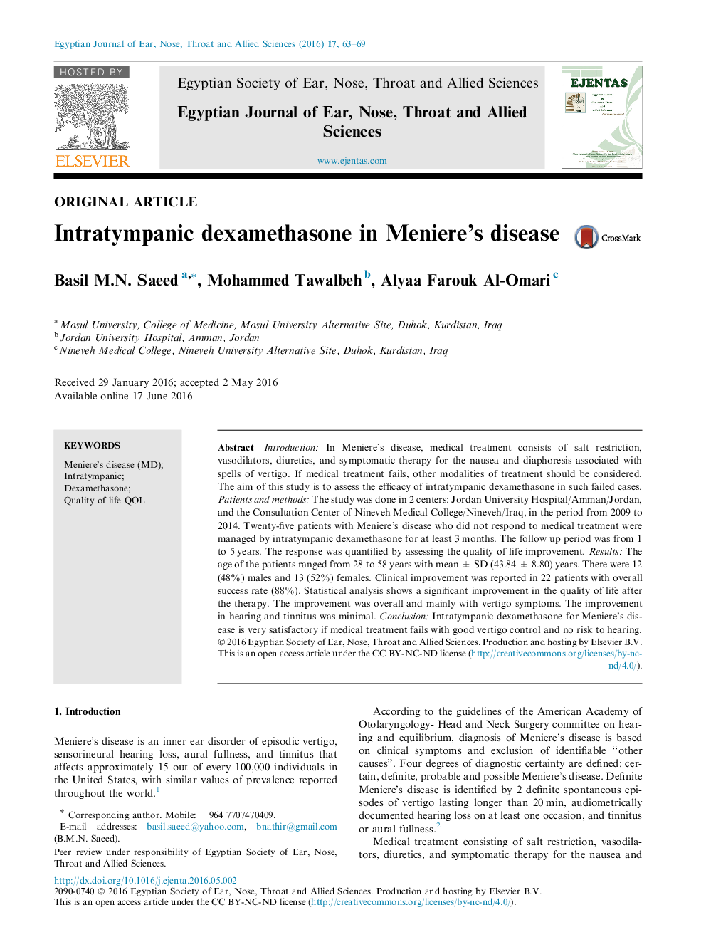 Intratympanic dexamethasone in Meniere’s disease 