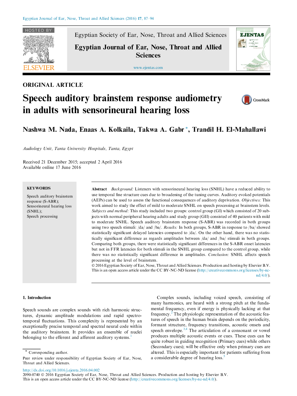 Speech auditory brainstem response audiometry in adults with sensorineural hearing loss 