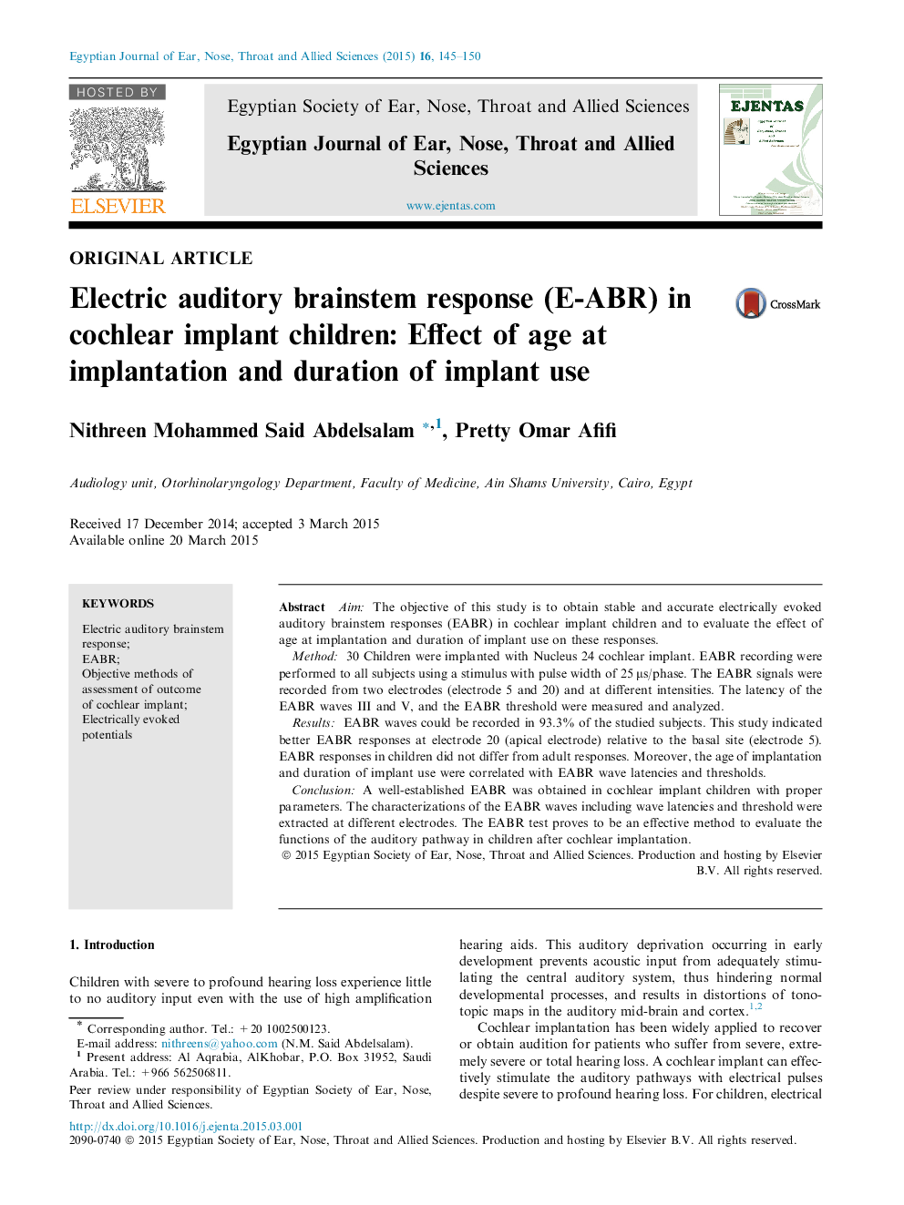 Electric auditory brainstem response (E-ABR) in cochlear implant children: Effect of age at implantation and duration of implant use 