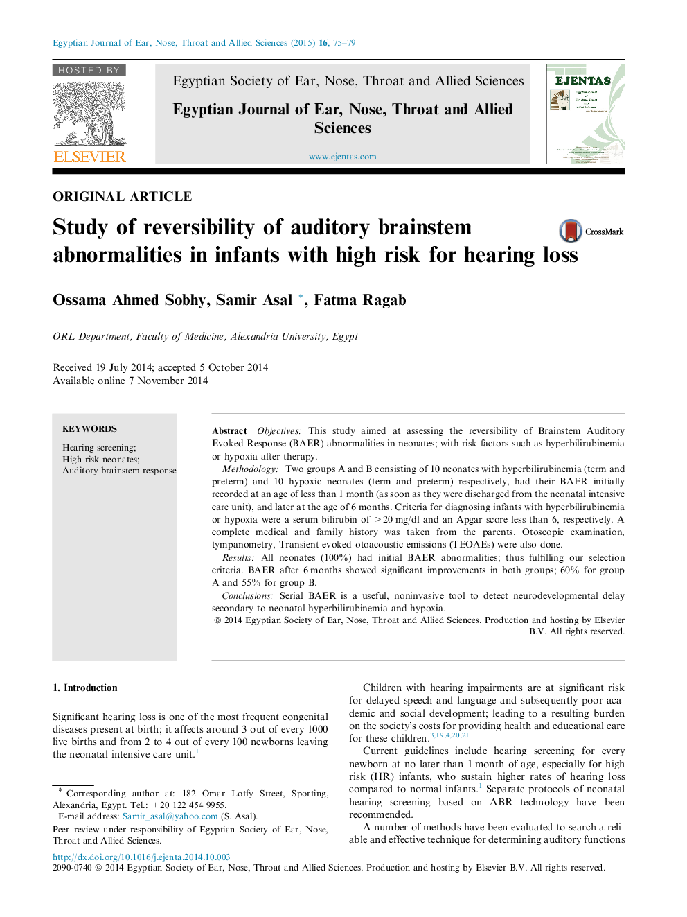 Study of reversibility of auditory brainstem abnormalities in infants with high risk for hearing loss 