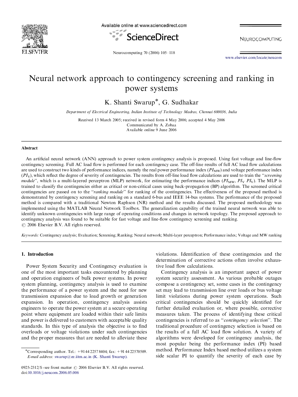 عکس صفحه اول مقاله: Neural network approach to contingency screening and ranking in power systems Neural network approach to contingency screening and ranking in power systems