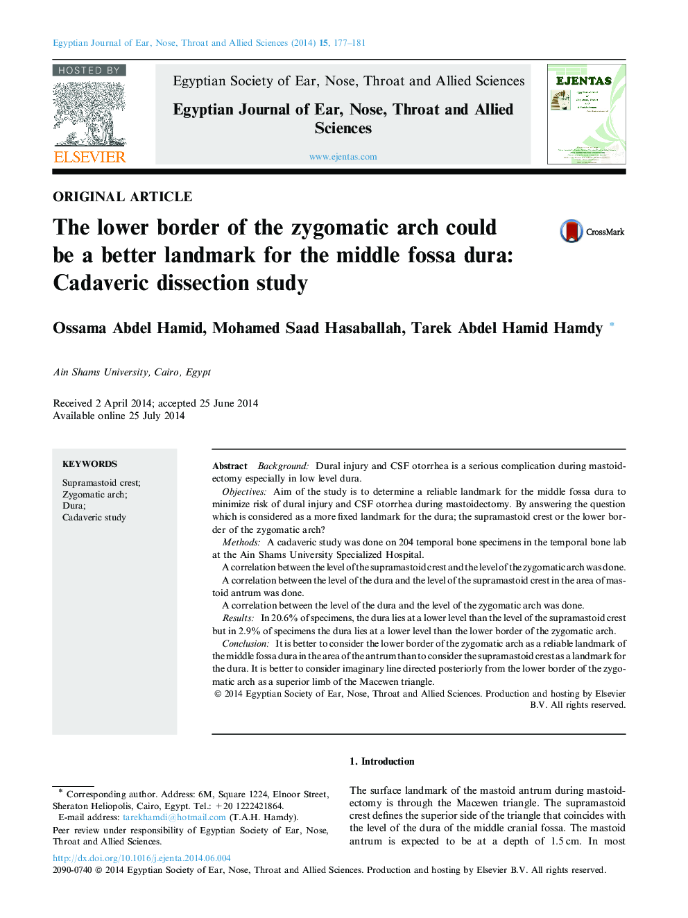 The lower border of the zygomatic arch could be a better landmark for the middle fossa dura: Cadaveric dissection study 