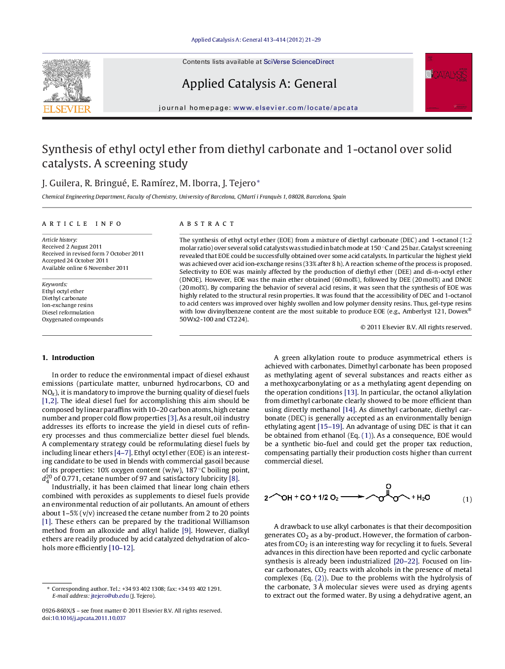 Synthesis of ethyl octyl ether from diethyl carbonate and 1-octanol over solid catalysts. A screening study