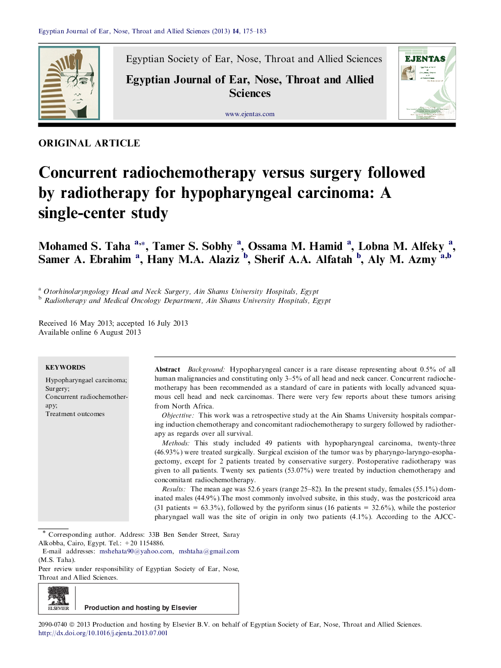 Concurrent radiochemotherapy versus surgery followed by radiotherapy for hypopharyngeal carcinoma: A single-center study 