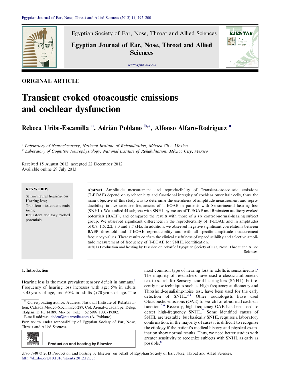 Transient evoked otoacoustic emissions and cochlear dysfunction 