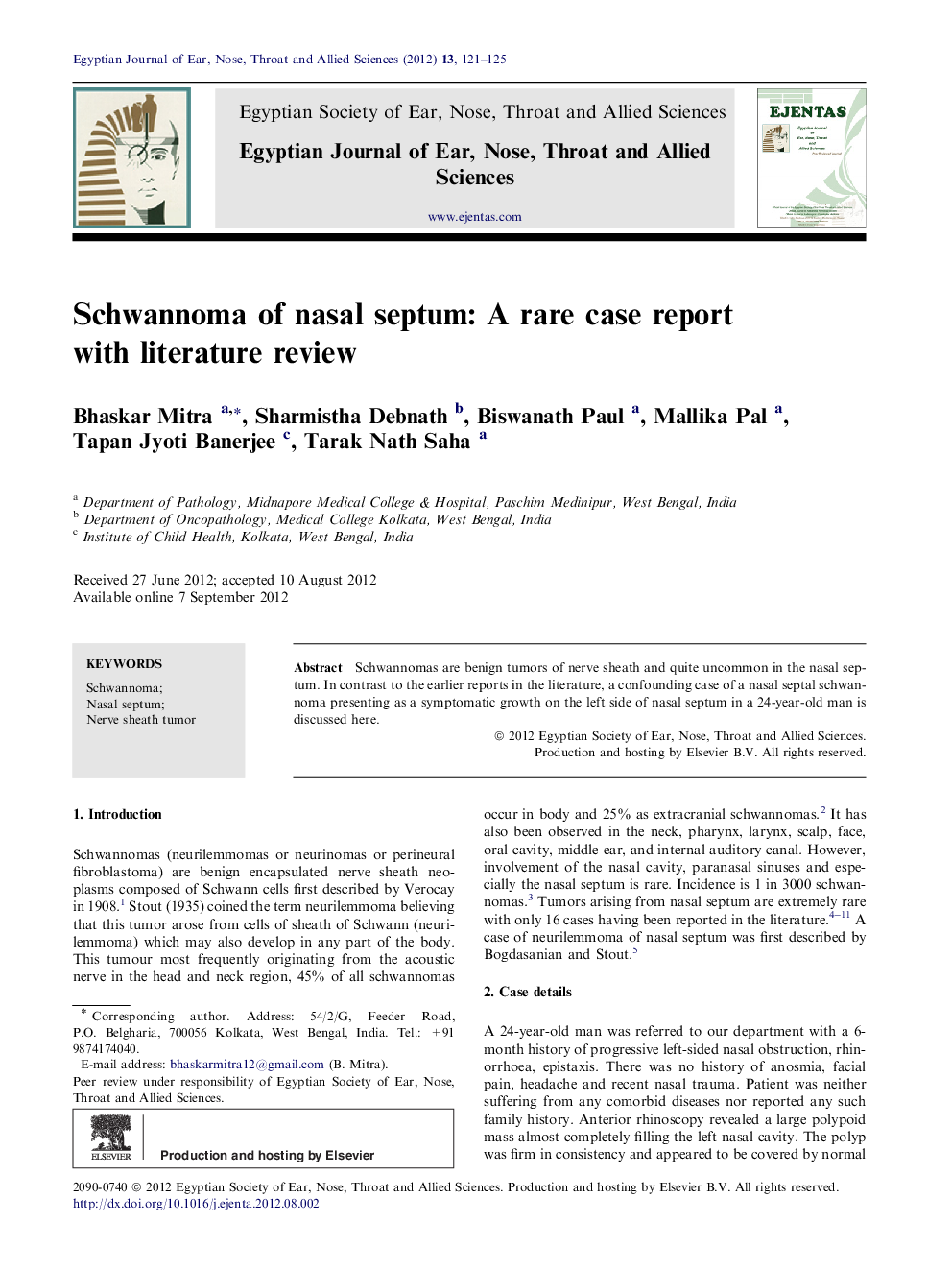 Schwannoma of nasal septum: A rare case report with literature review 