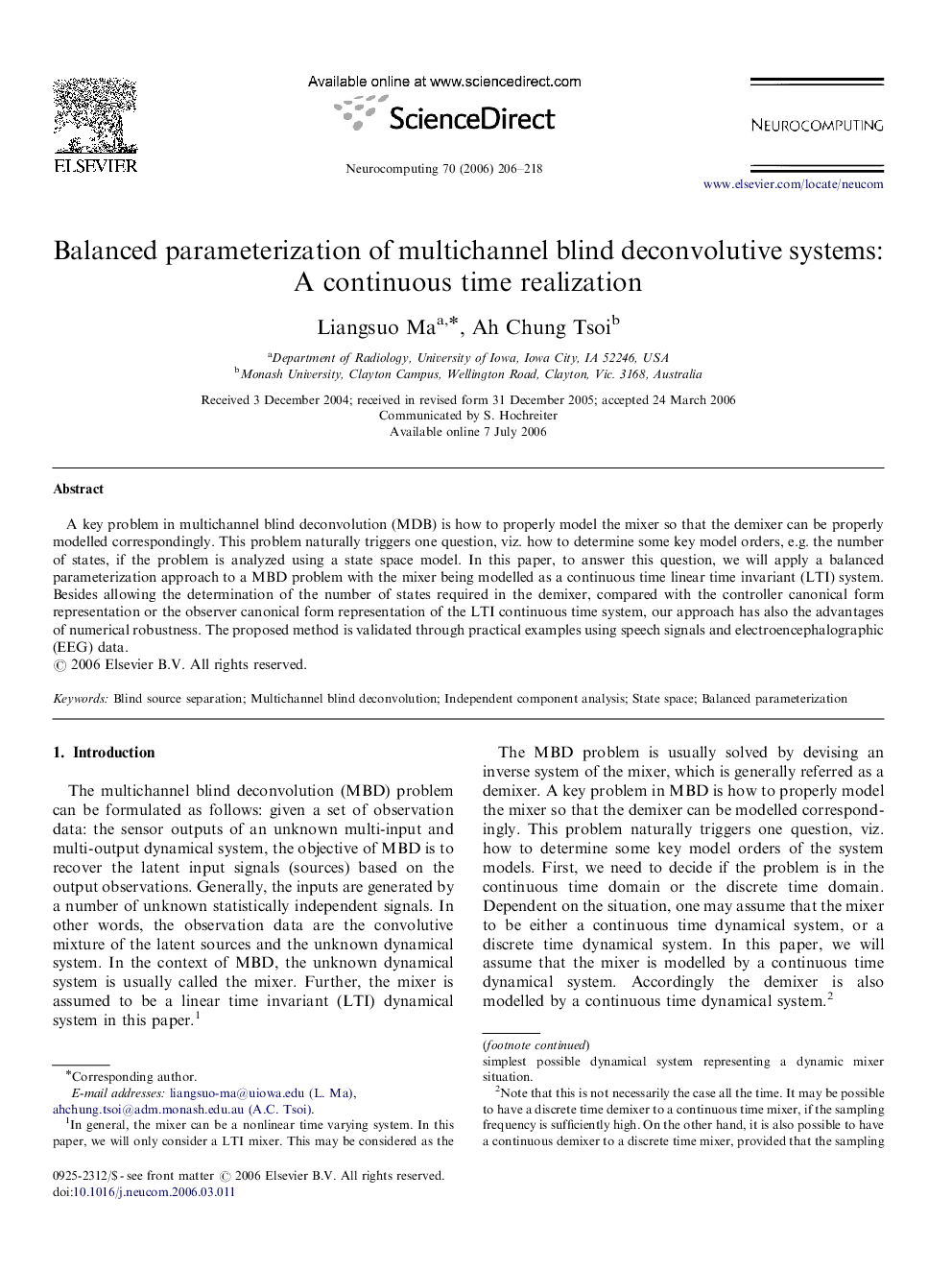 Balanced parameterization of multichannel blind deconvolutive systems: A continuous time realization