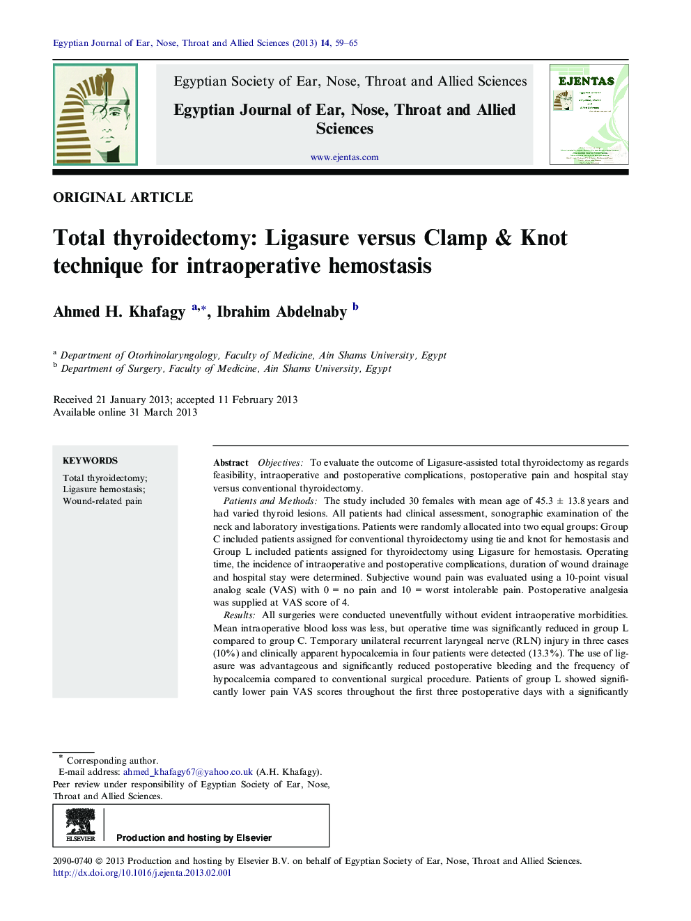 Total thyroidectomy: Ligasure versus Clamp & Knot technique for intraoperative hemostasis 