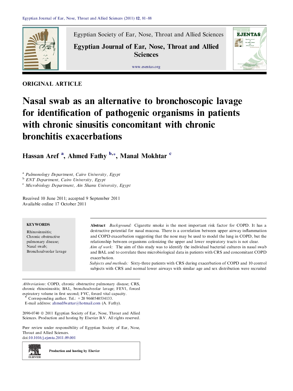 Nasal swab as an alternative to bronchoscopic lavage for identification of pathogenic organisms in patients with chronic sinusitis concomitant with chronic bronchitis exacerbations