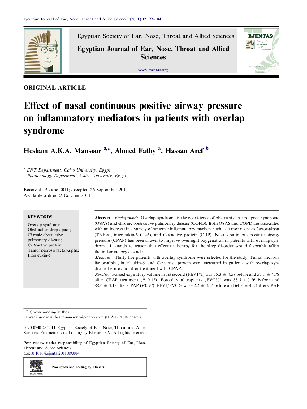 Effect of nasal continuous positive airway pressure on inflammatory mediators in patients with overlap syndrome