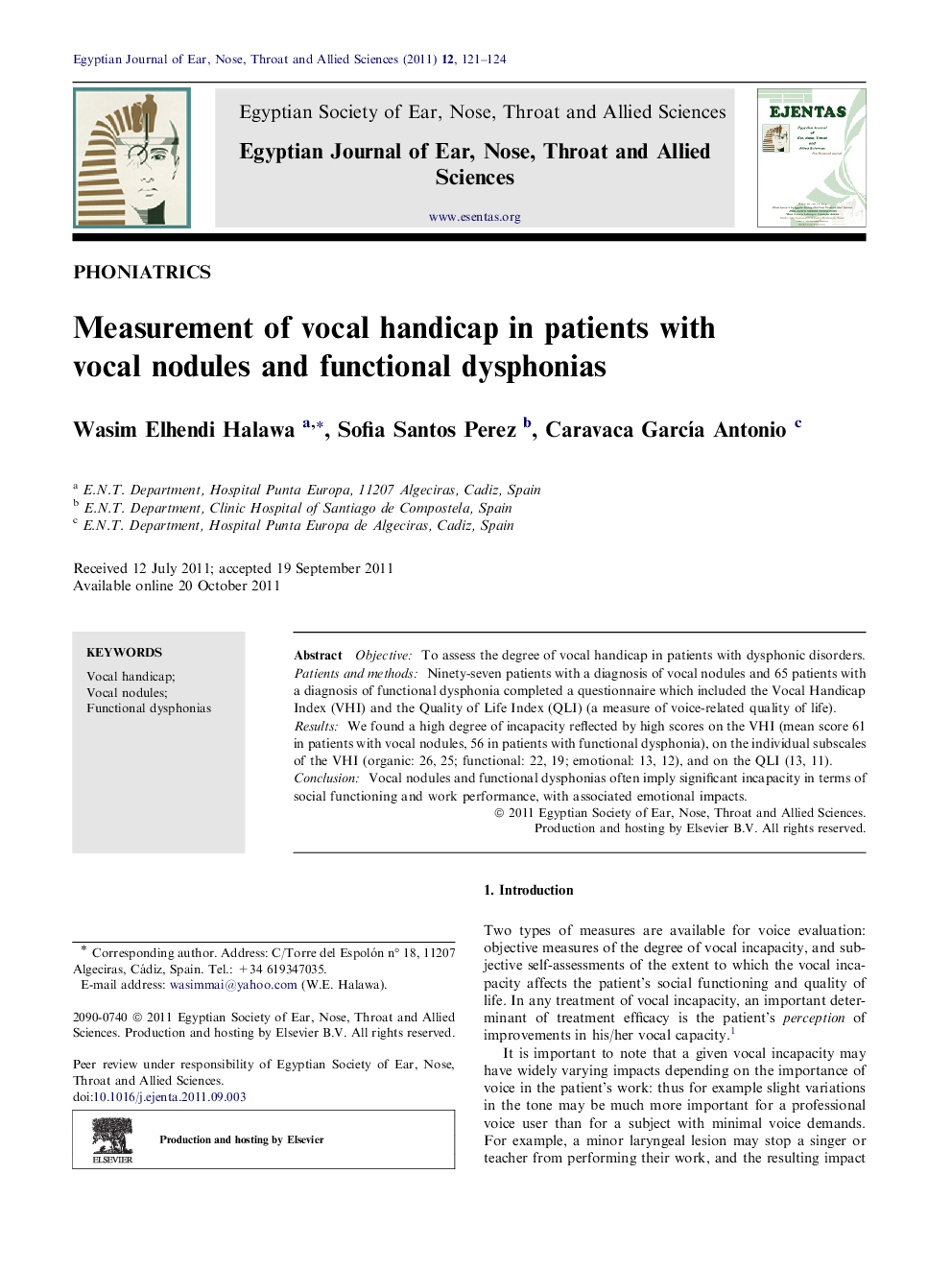 Measurement of vocal handicap in patients with vocal nodules and functional dysphonias