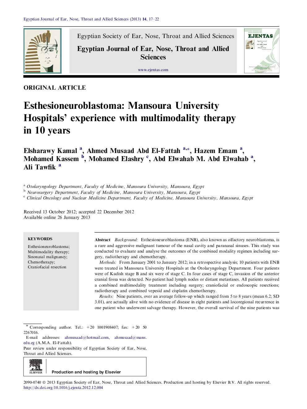 Esthesioneuroblastoma: Mansoura University Hospitals’ experience with multimodality therapy in 10 years 