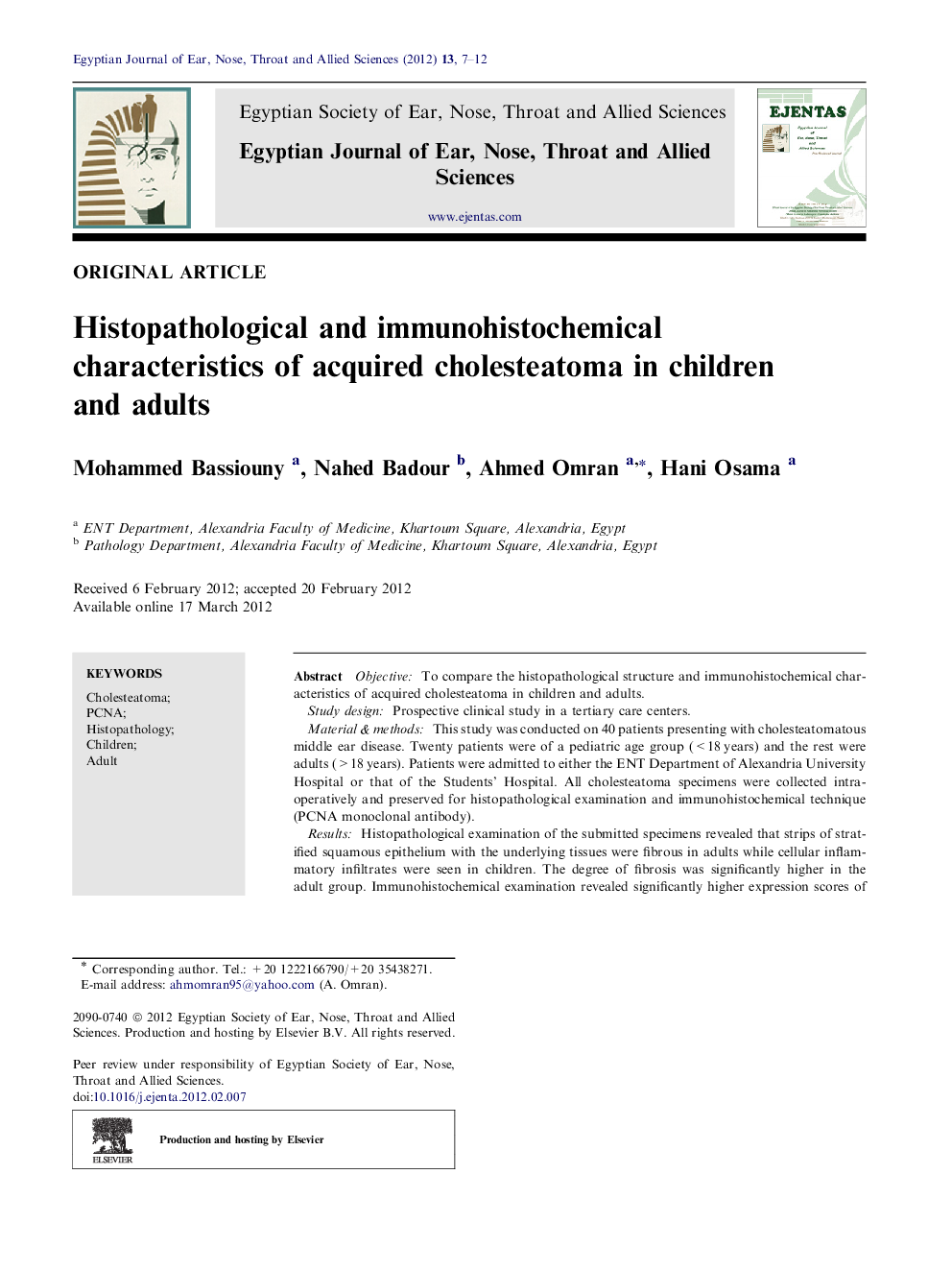 Histopathological and immunohistochemical characteristics of acquired cholesteatoma in children and adults