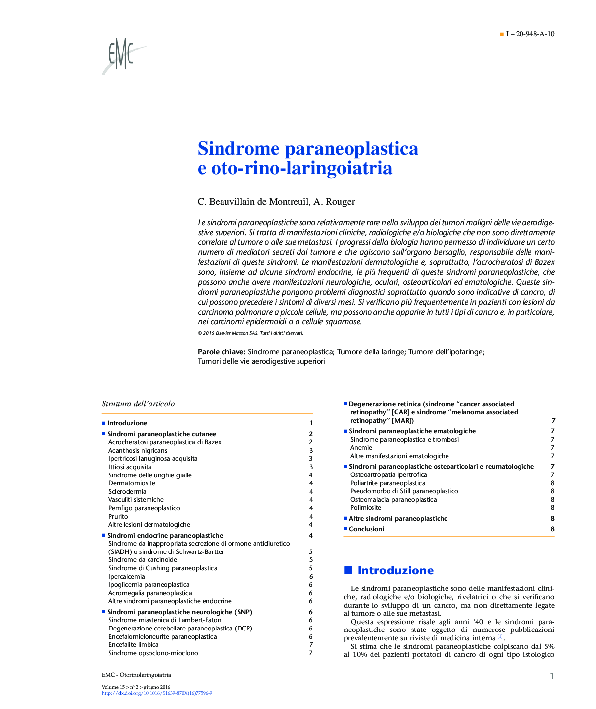 Sindrome paraneoplastica e oto-rino-laringoiatria