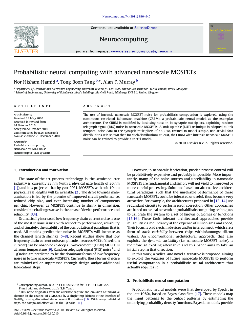Probabilistic neural computing with advanced nanoscale MOSFETs