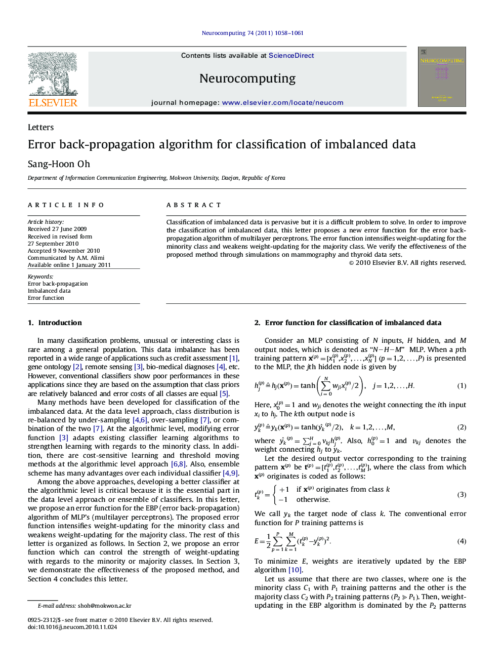 Error back-propagation algorithm for classification of imbalanced data