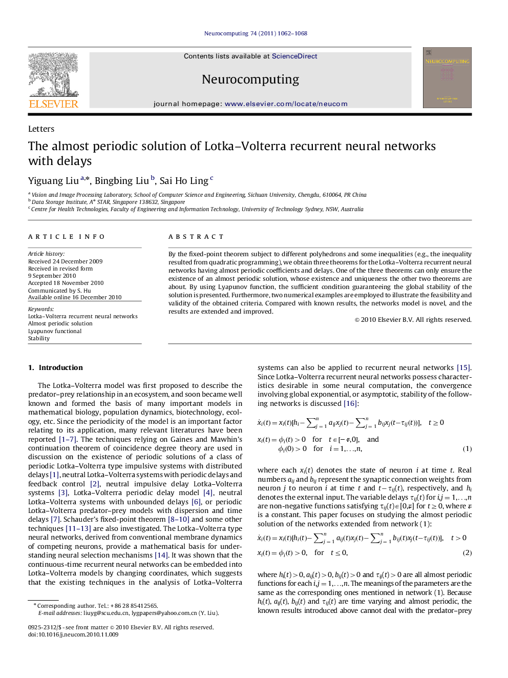 The almost periodic solution of Lotka–Volterra recurrent neural networks with delays