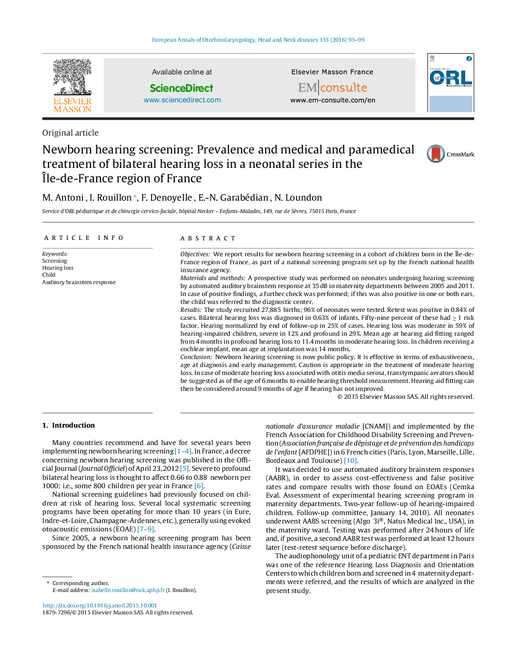 Newborn hearing screening: Prevalence and medical and paramedical treatment of bilateral hearing loss in a neonatal series in the Île-de-France region of France