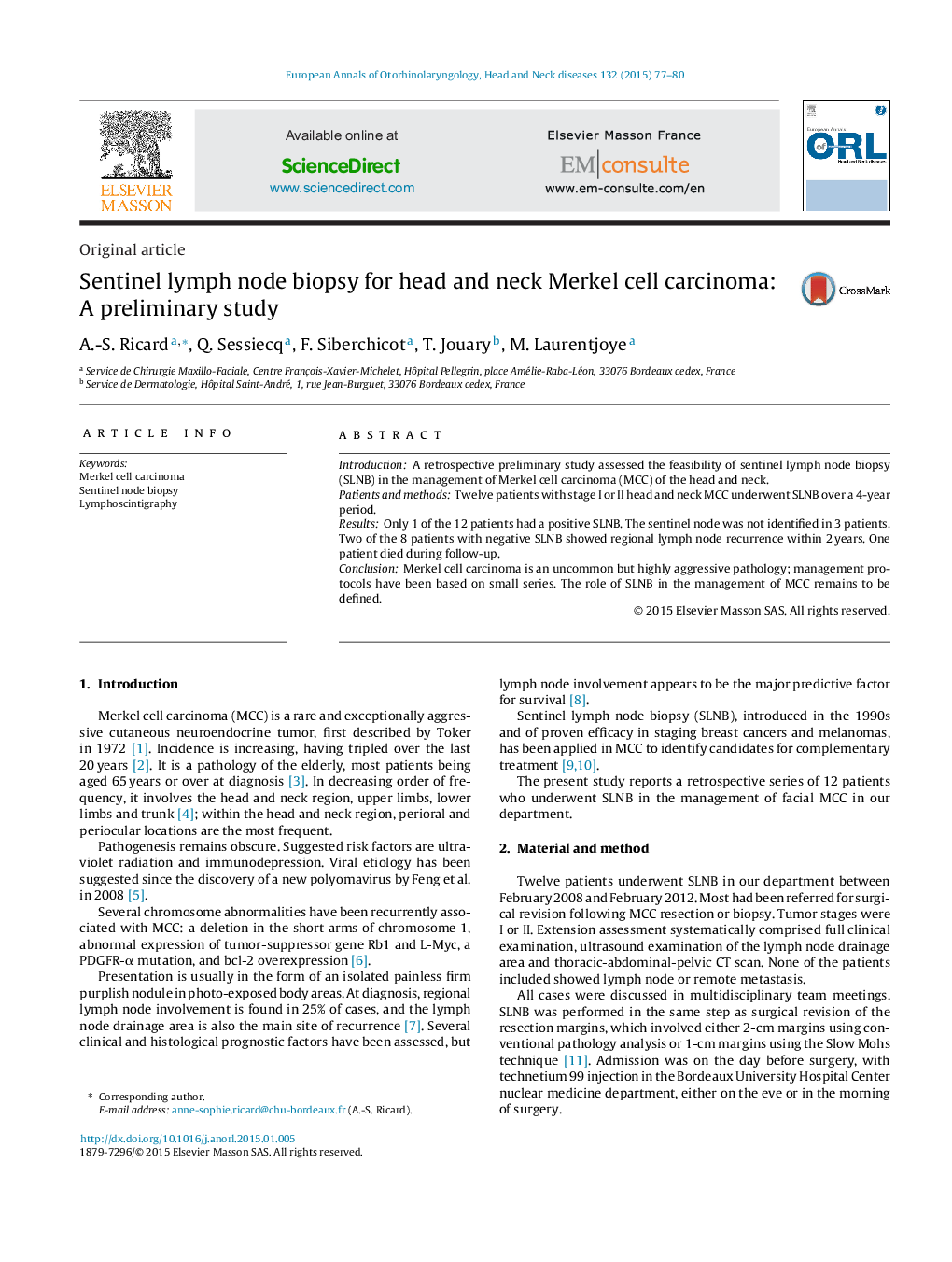 Sentinel lymph node biopsy for head and neck Merkel cell carcinoma: A preliminary study