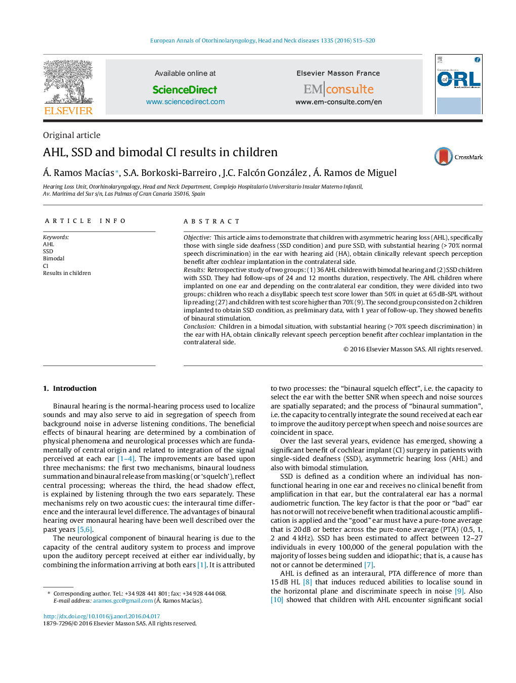 AHL, SSD and bimodal CI results in children