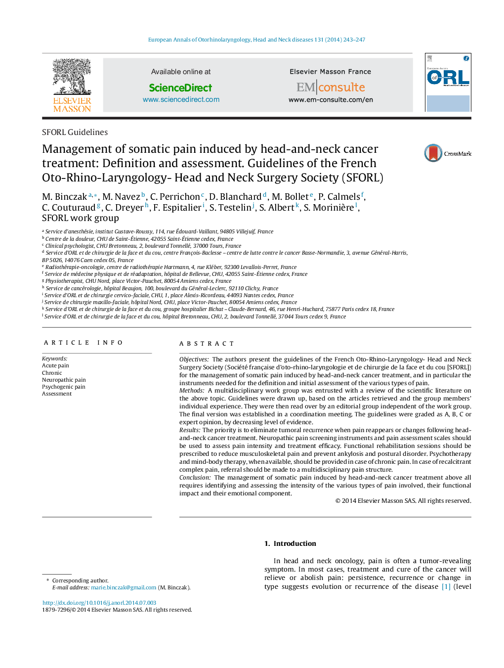 Management of somatic pain induced by head-and-neck cancer treatment: Definition and assessment. Guidelines of the French Oto-Rhino-Laryngology- Head and Neck Surgery Society (SFORL)