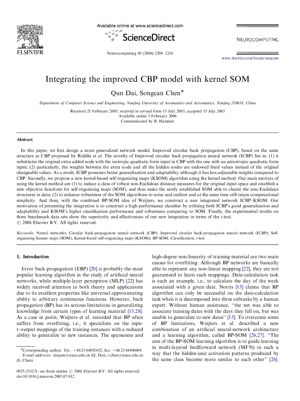 Integrating the improved CBP model with kernel SOM