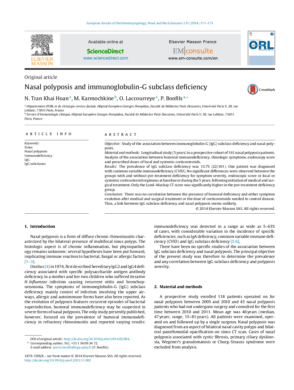 Nasal polyposis and immunoglobulin-G subclass deficiency