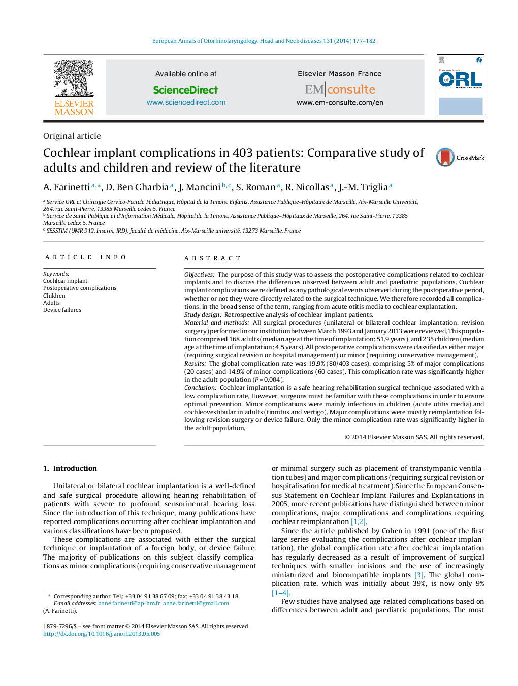 Cochlear implant complications in 403 patients: Comparative study of adults and children and review of the literature