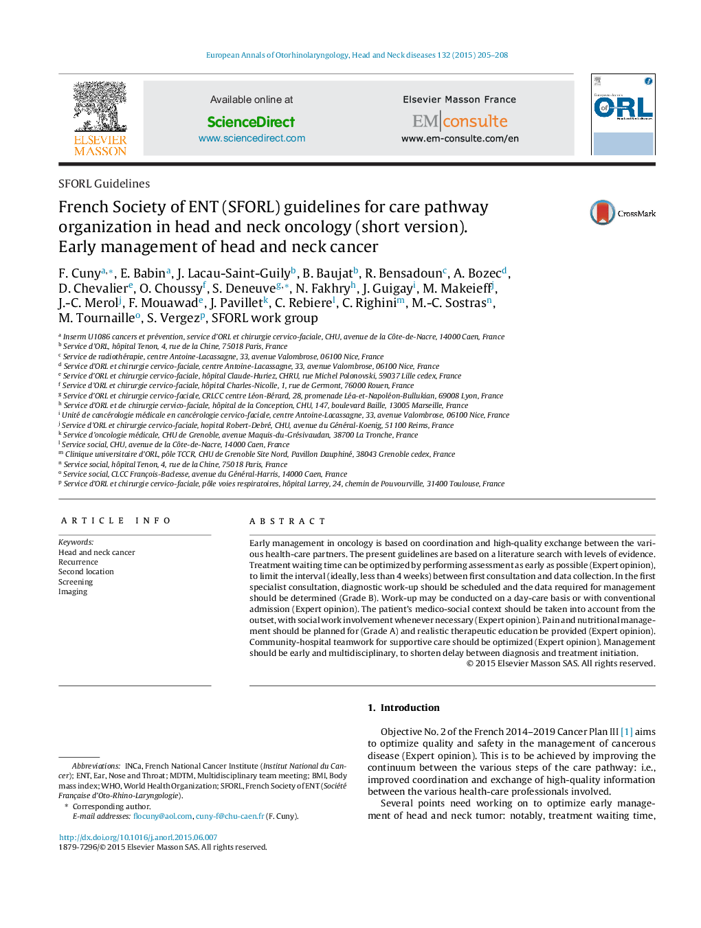 French Society of ENT (SFORL) guidelines for care pathway organization in head and neck oncology (short version). Early management of head and neck cancer