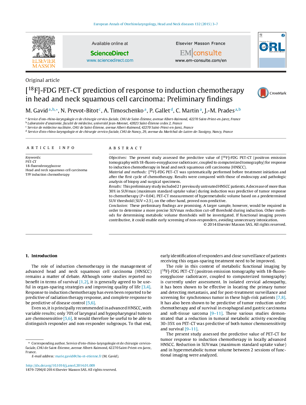 [18F]-FDG PET-CT prediction of response to induction chemotherapy in head and neck squamous cell carcinoma: Preliminary findings