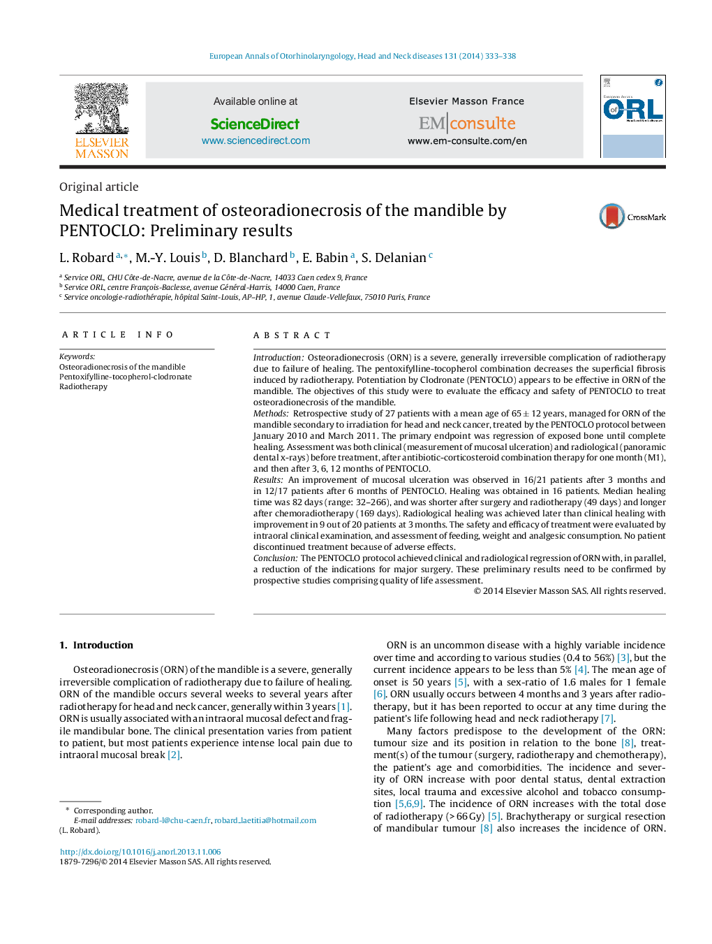 Medical treatment of osteoradionecrosis of the mandible by PENTOCLO: Preliminary results