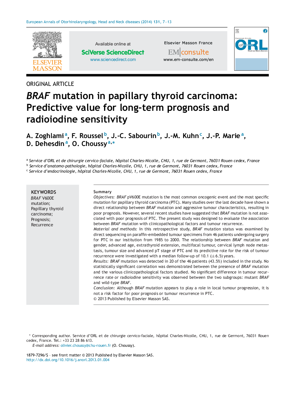 BRAF mutation in papillary thyroid carcinoma: Predictive value for long-term prognosis and radioiodine sensitivity