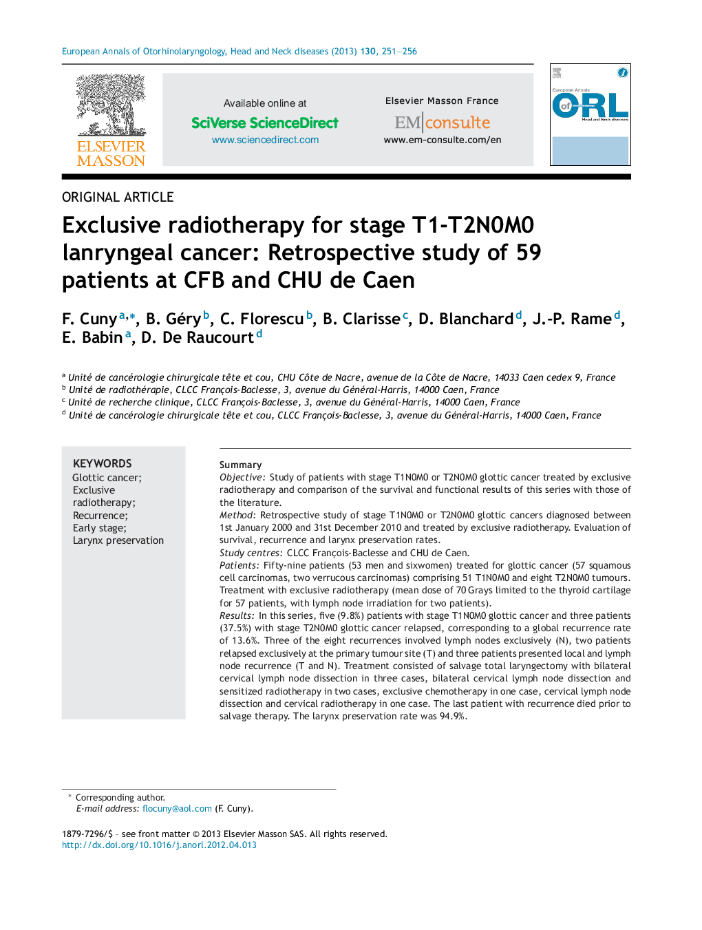 Exclusive radiotherapy for stage T1-T2N0M0 lanryngeal cancer: Retrospective study of 59 patients at CFB and CHU de Caen