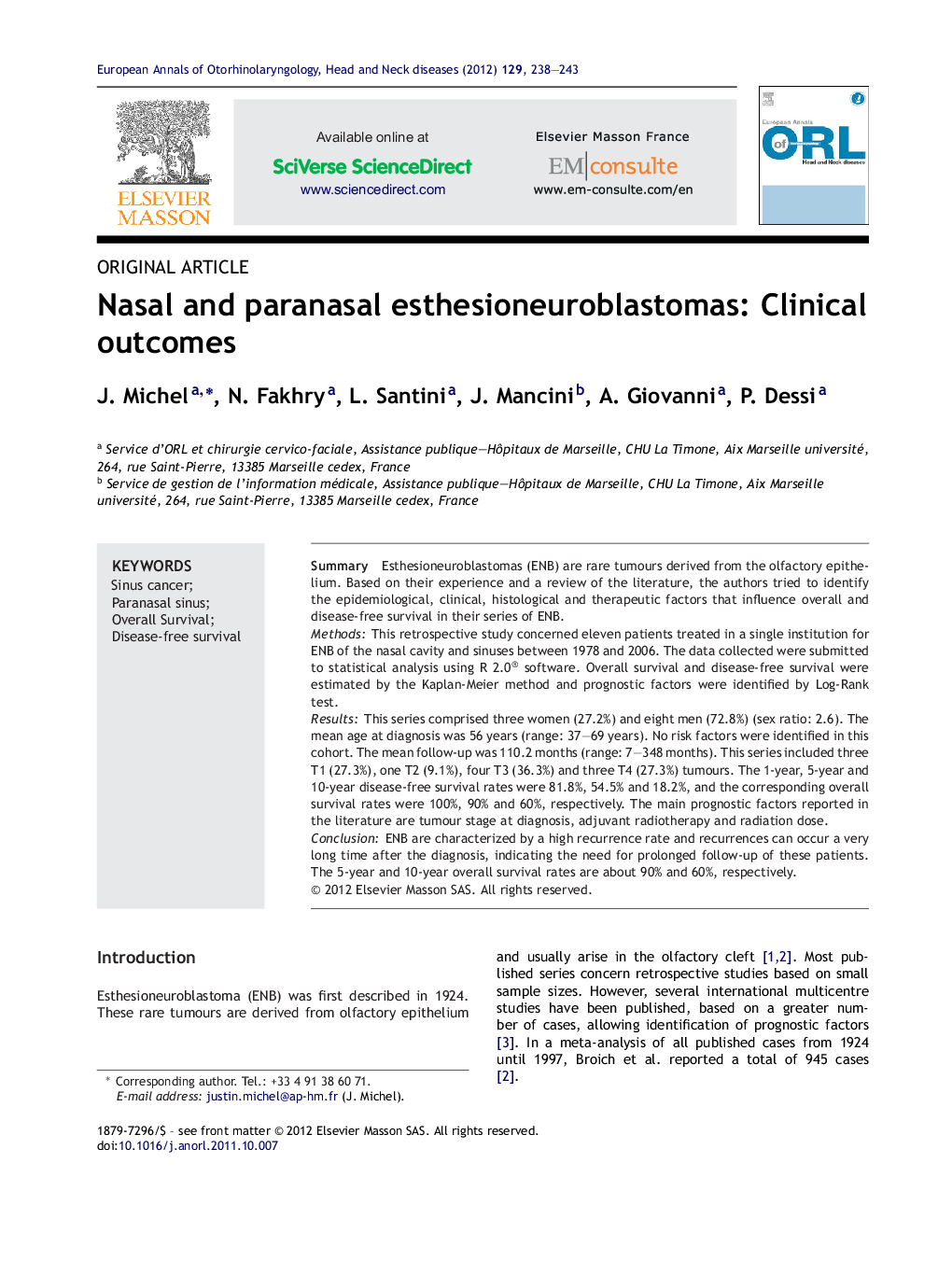 عکس صفحه اول مقاله: Nasal and paranasal esthesioneuroblastomas: Clinical outcomes Nasal and paranasal esthesioneuroblastomas: Clinical outcomes