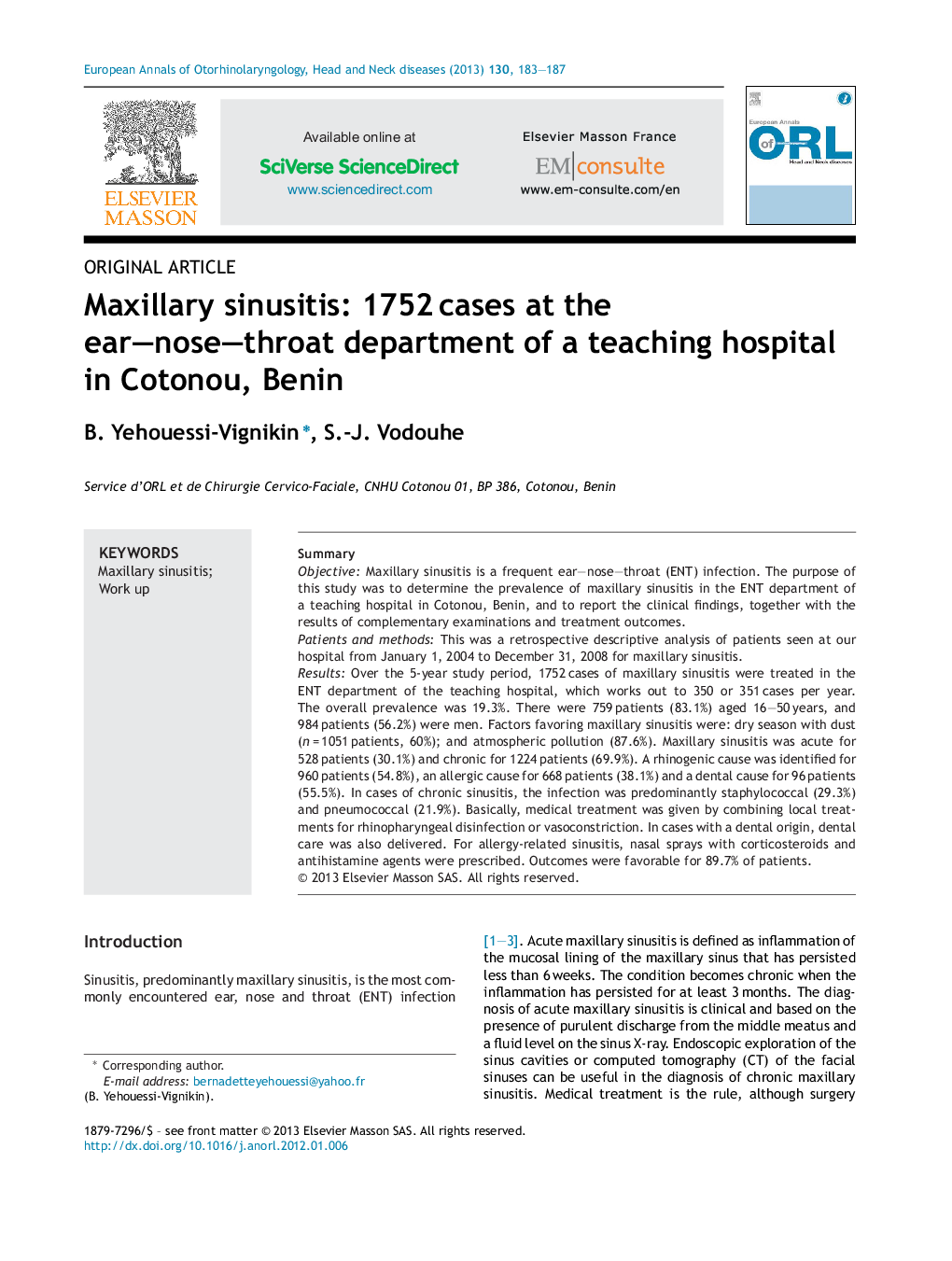 Maxillary sinusitis: 1752 cases at the ear–nose–throat department of a teaching hospital in Cotonou, Benin